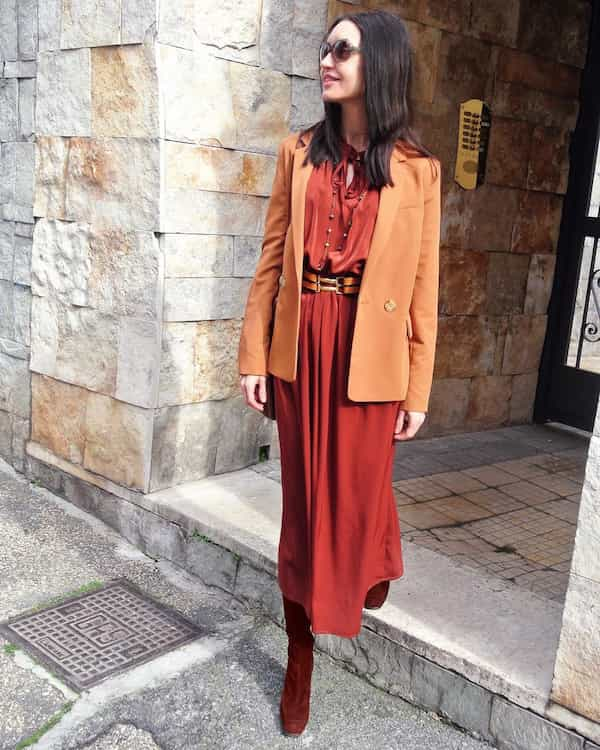 Peach Blazer + Oxblood Long Gown + Boots + Sunglass