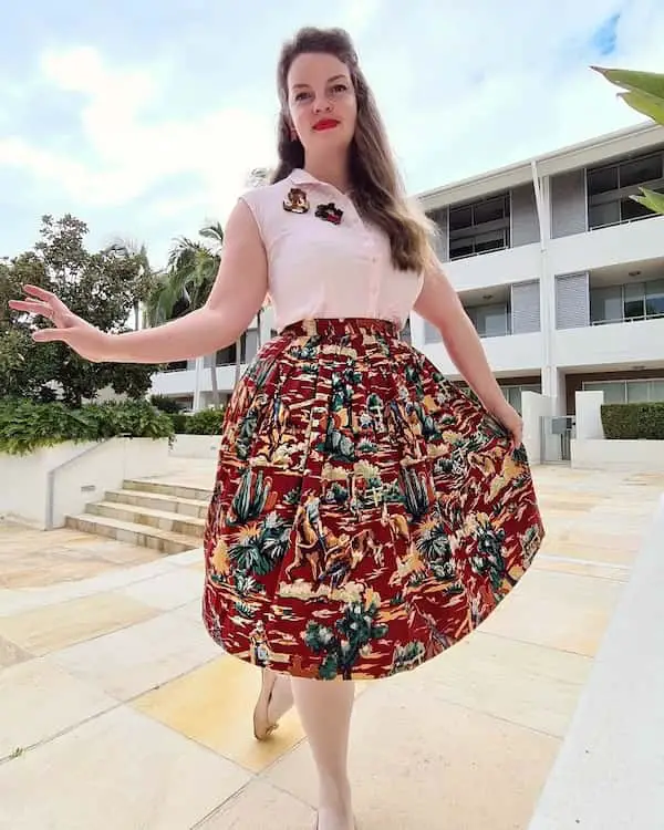 Pink Blouse + Wild West Corina Skirt + Flat Shoes