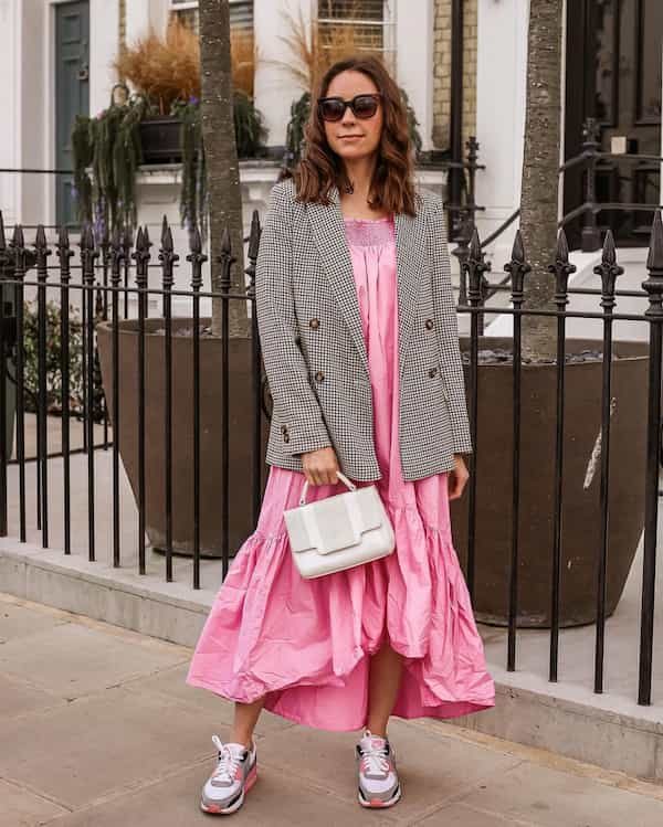 Pink Long Dress + Blazer + Sneakers + Sunglass + Handbag