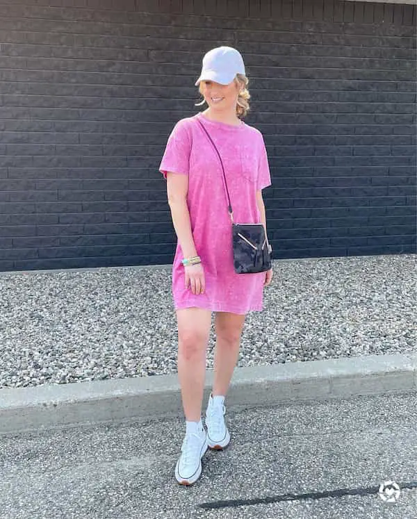 Pink T shirt Dress + White Face Cap + White Sneakers + Handbag