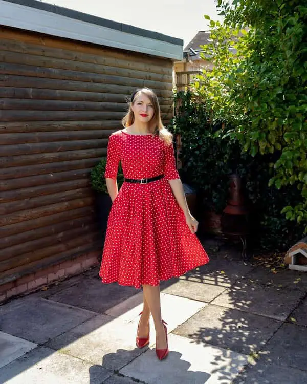 Red Polka Dot Belted Gown + Heels