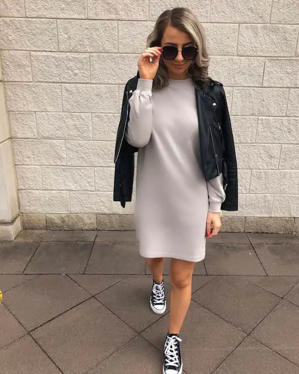 Short Ash Colored Dress + Jacket + Converse Shoes + Sunglass