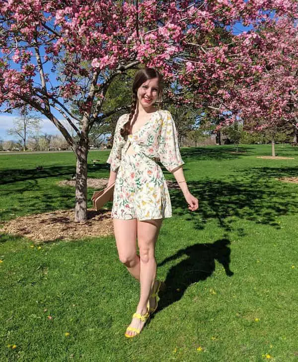 Short Sleeve Floral Romper + Yellow Short Heels