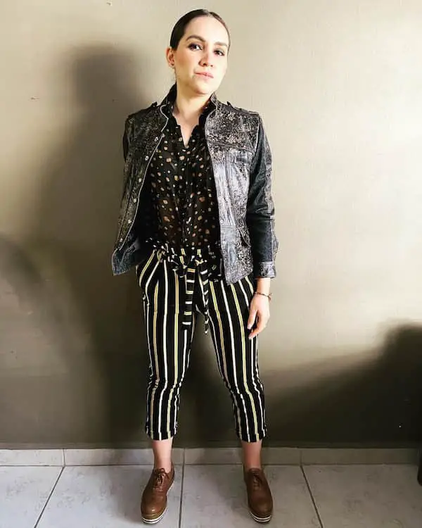 Stain Patterned Top + Leather Jacket + Three Quarter Pant