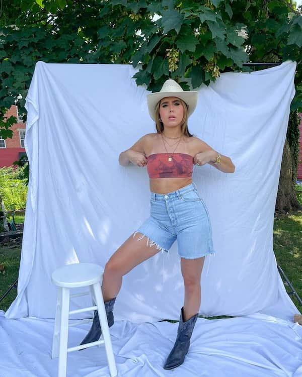 Strapless Crop Top + Jean Bum Short + Hat + Boots