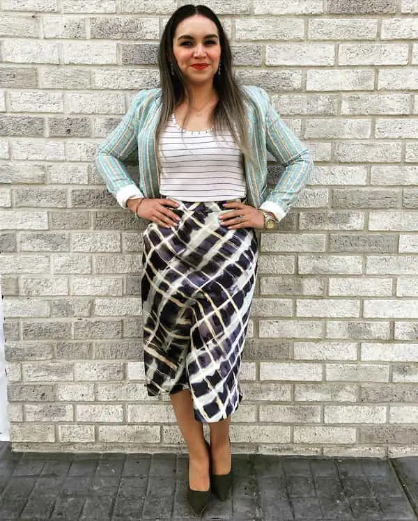 Stripped Blouse + Stripped Blazer + Hip Pleat Skirt + Shoe