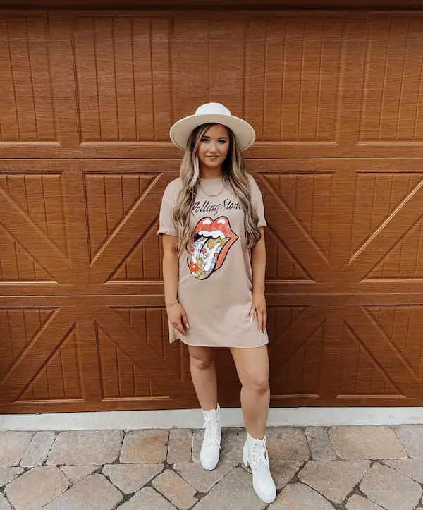 T shirt Dress + White Sneakers + Hat