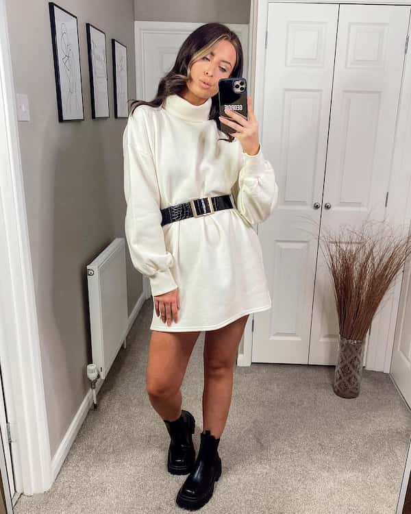 Turtle Neck Jumper Dress + Belt +Chunky Black Boots