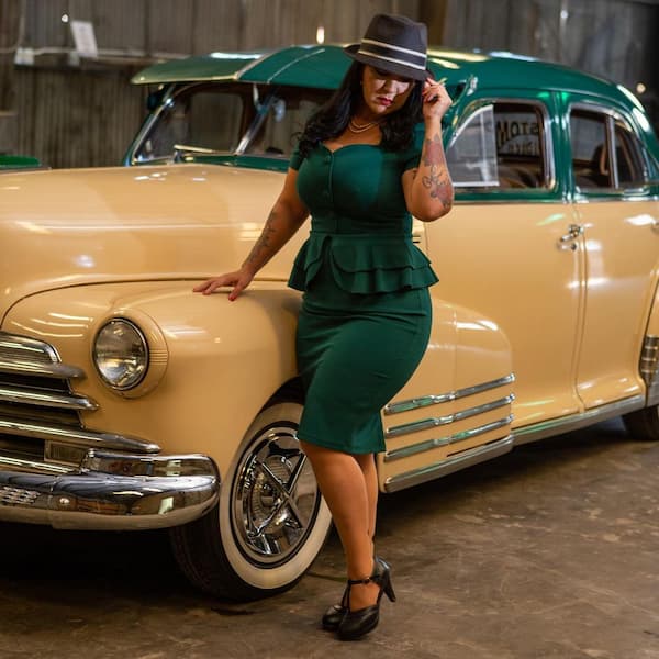 Two Piece Vintage Blouse and Skirt + Heels + Hat 