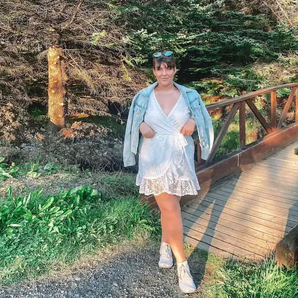 V-Necked White Gown + Jean Jacket + Flat Shoes + Sunglass