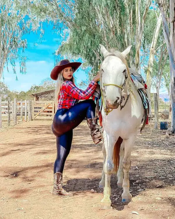 Western Plaid Long Sleeve + Leather Pant + Boots + Hat