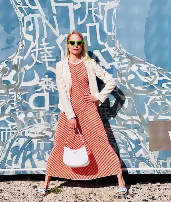 White Blazer + Dotted Light Red Gown +Sunglass + Handbag + Flat Slippers