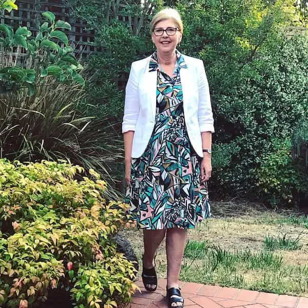 White Blazer + Floral Gown + Shoe + Sunglass