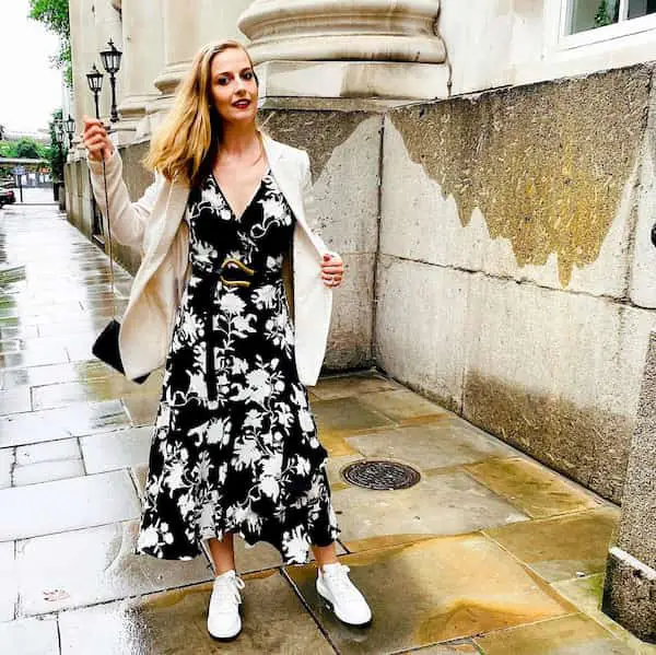 White Blazer + V-Neck Belted Floral Gown + Sneakers +Hand Purse