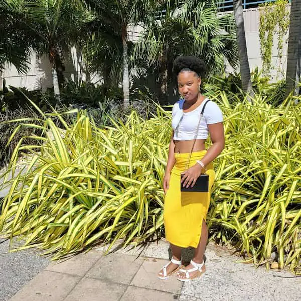 White Crop Top + Right Mini Stripped Long Yellow Skirt