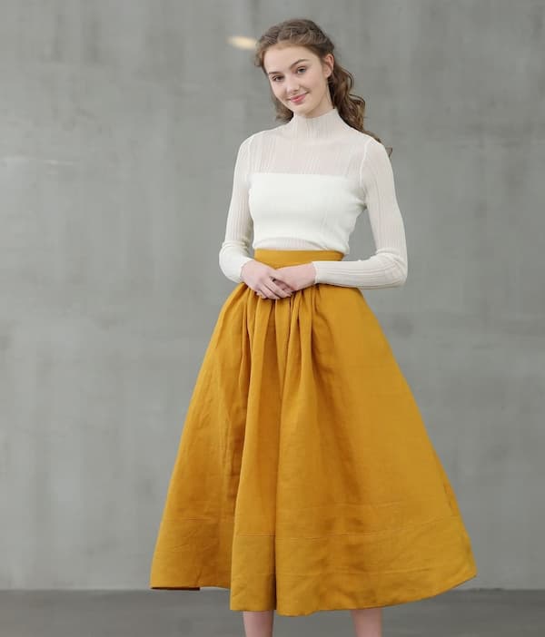 White Long Sleeve + Mustard Yellow Skirt