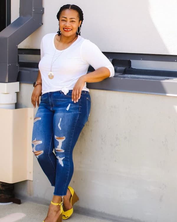 White Long Sleeve Top + Ripped Jeans + Yellow Wedge Shoe