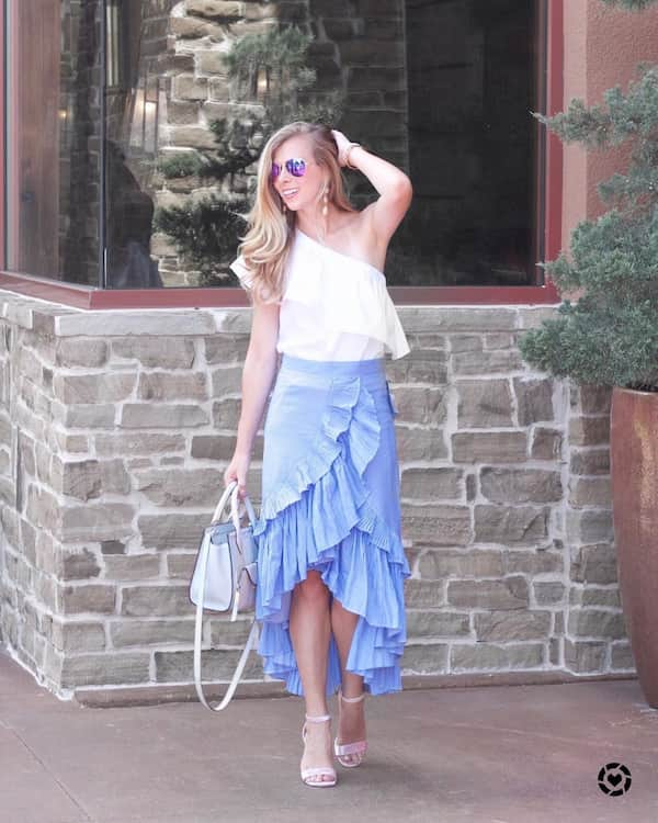 White Single Shoulder Top + Spinned High Low Skirt + Pink Heels