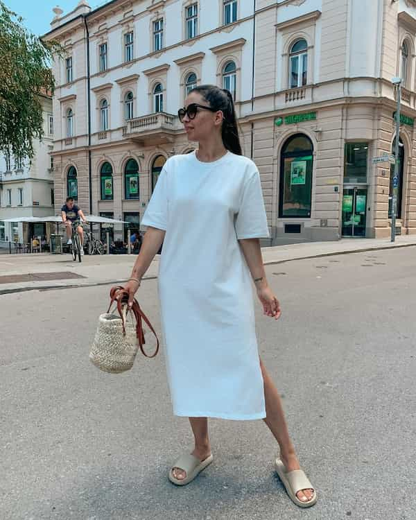 White T-Shirt Dress + Slippers + Basket Handbag + Sunglass