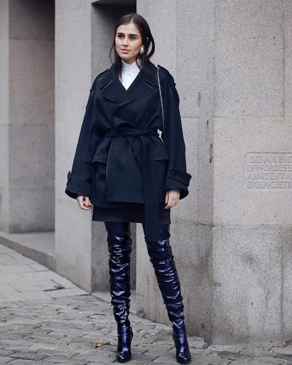 White Top + Black Coat + Black Opaque Leggings + Vinyl Boot