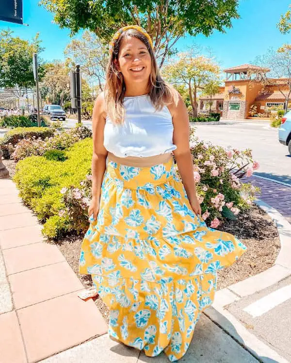 White Top + Blue Flowered Yellow Maxi Skirt