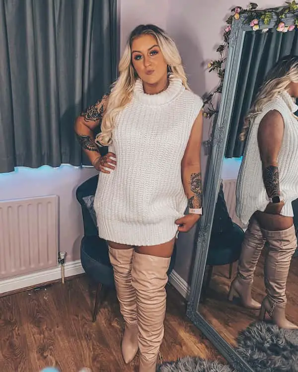 Wool Knitted White Handless Jumper Dress + Thigh Length Boots