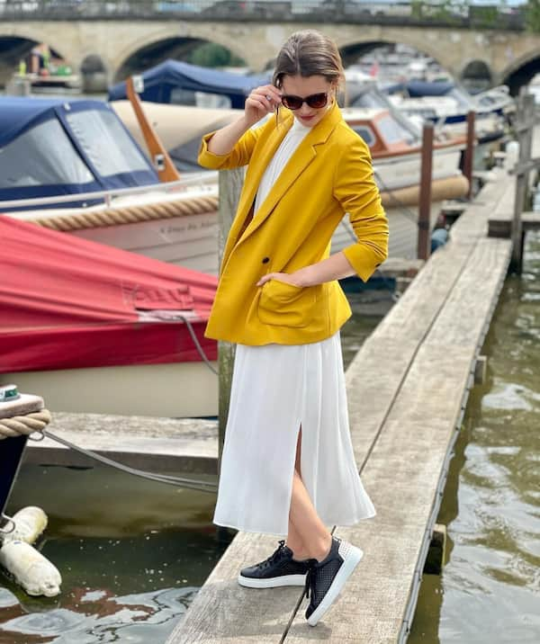 Yellow Blazer + White Dress + Sneakers