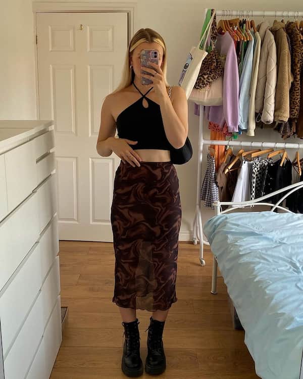 Black Criss-Crop Top with Brown Midi Skirt and Combat Boots
