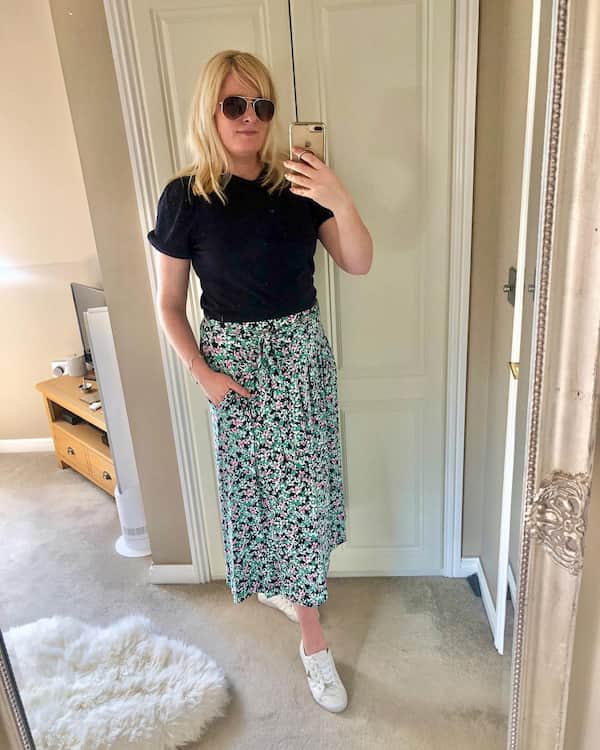 Black Top with Midi Skirt + Trainers and Sunglasses