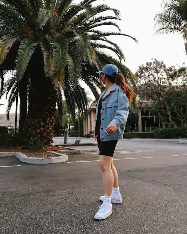 Black Vest with Denim Jacket + Short Leggings + Jean Face cap and Sneakers