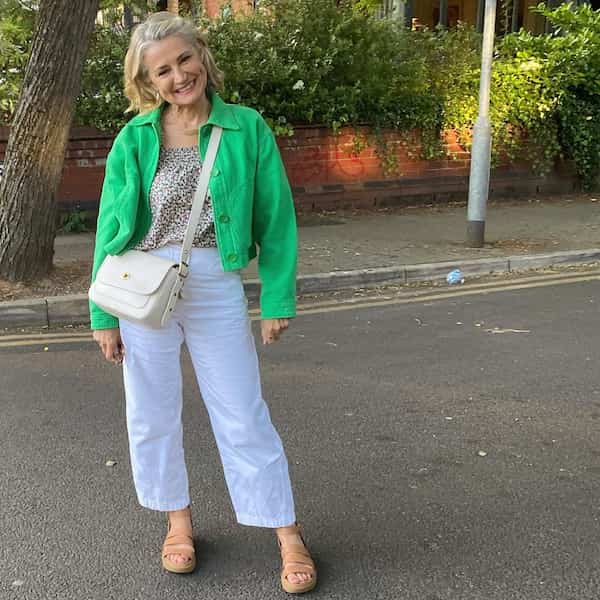 Blouse + Green Jacket with White Jeans  and Sandals + Cross-Body Bag