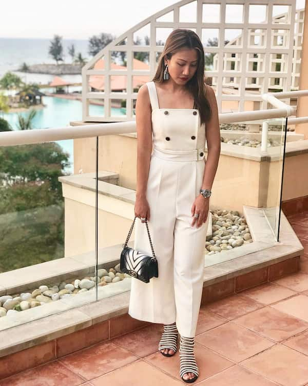 Creamy Colored Jumpsuit with Heel Shoes and Bag