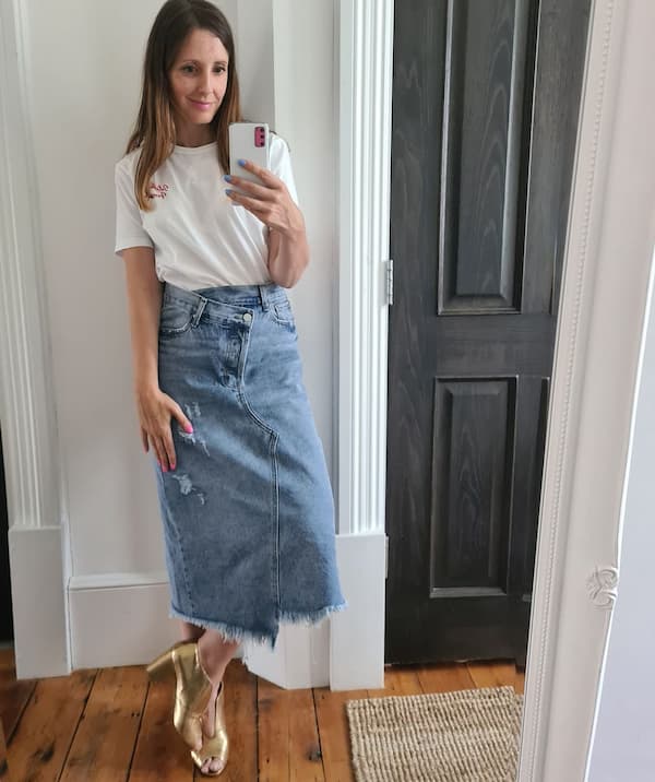 Demin Midi Skirt  with White Top and Heels