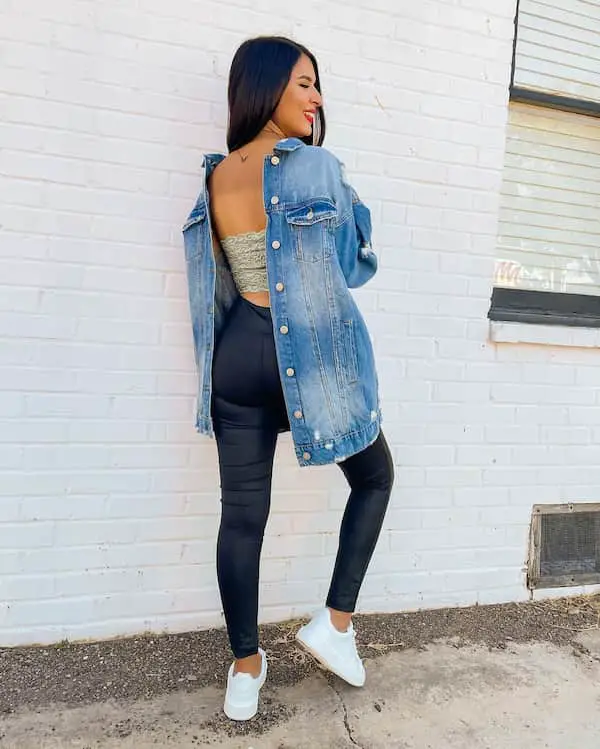 Denim Jacket with Leather Leggings and Sneakers
