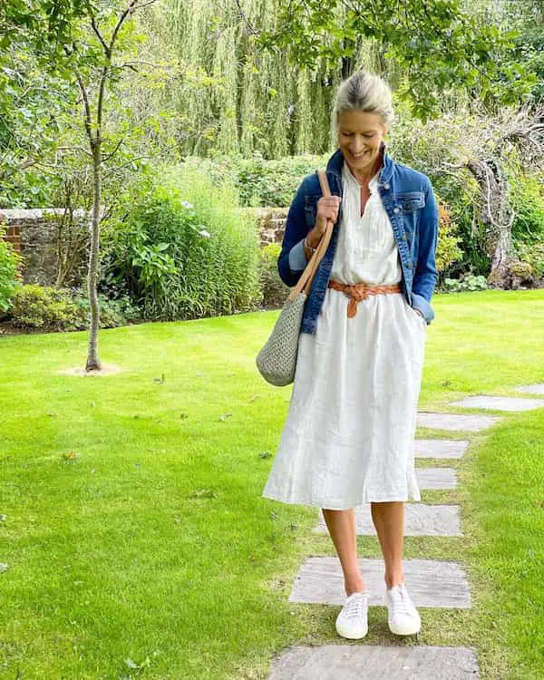 Denim Jacket with Linen Shirt Dress and Trainers + Belt + Hand Bag