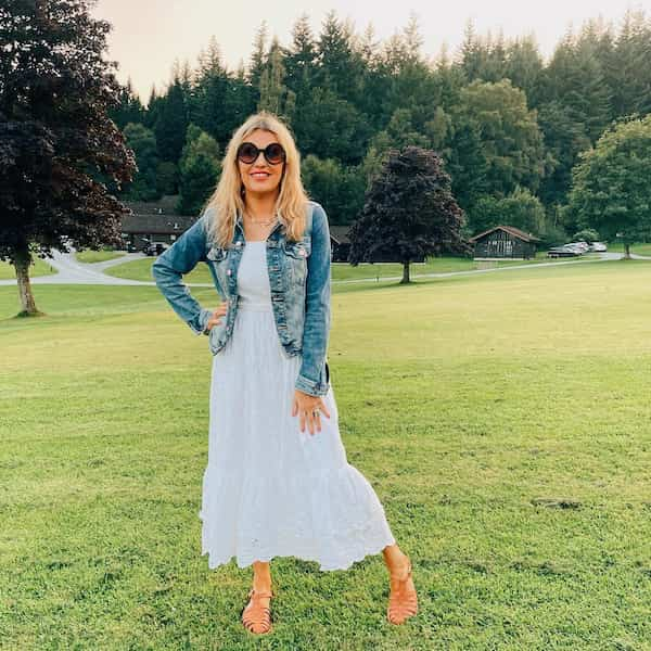 Denim Jacket with Pleated Gown Dress and Sandals + Sunglasses