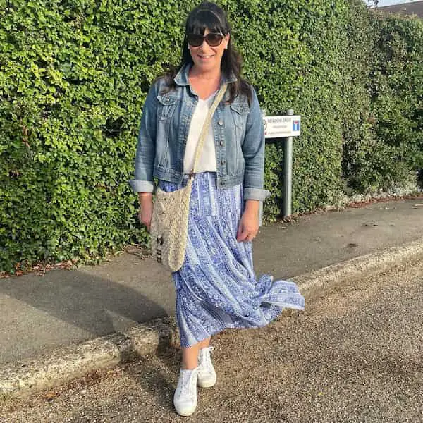 Denim Jacket with White Top and Floral Skirt + Trainers + Body-Cross Bag