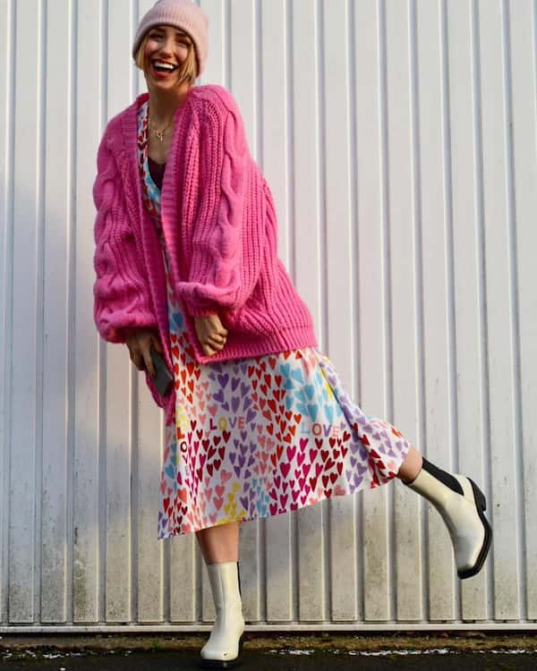 Floral Gown + Boots + Cardigan + Head Warmer