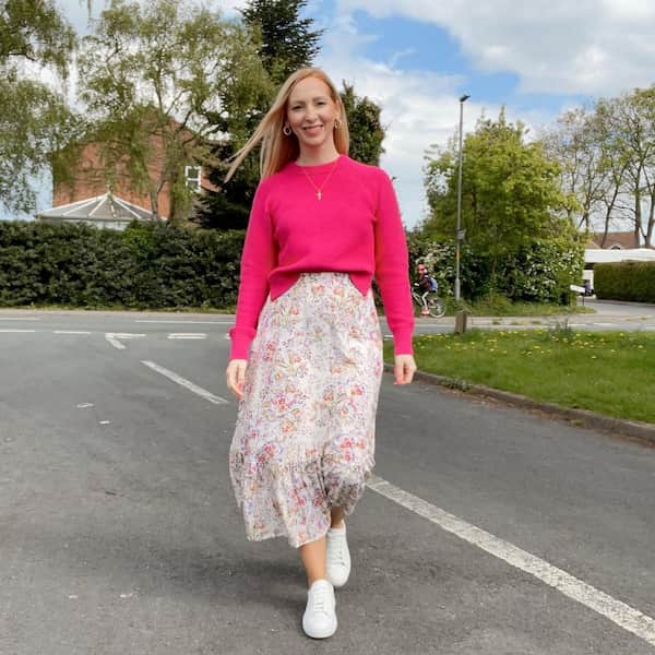 Floral Midi Skirt with Jumper and White Shoes
