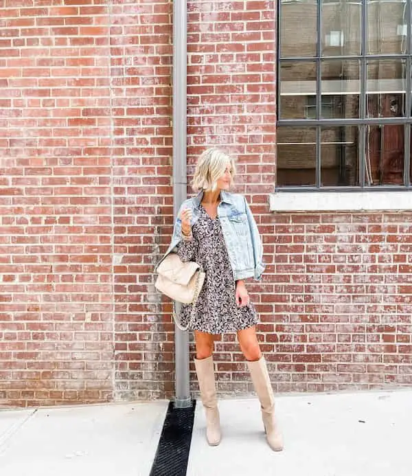 Floral Mini Gown with Denim Jacket and Ankle Length Boots + Handbag