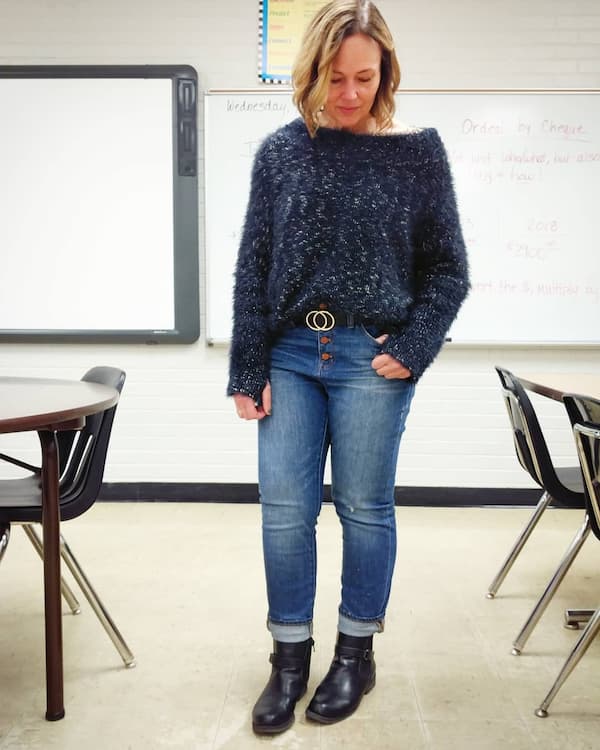 Fuzzy Sweater + Jeans Trouser + Belt + Black Shoes