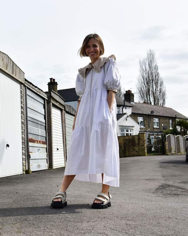 Gown Dress + Blouse + Sandals