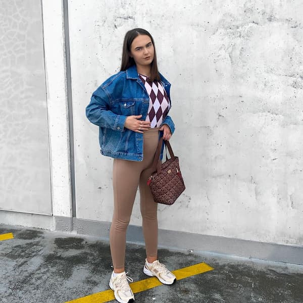 Inner Shirt + Leggings with Jean Jacket + Trainers + Hand Bag