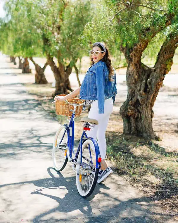 Jacket with White Pants + Sneakers and Sunglasses