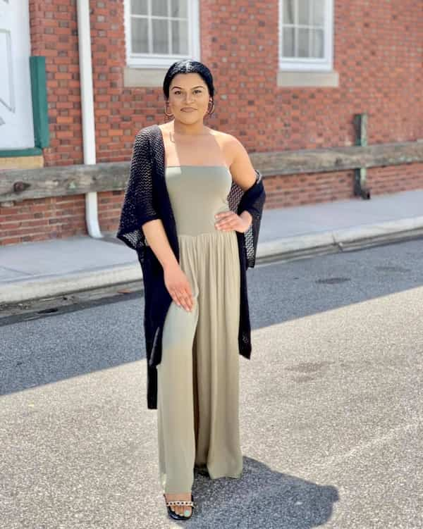 Jumpsuit with Cardigan and Heels