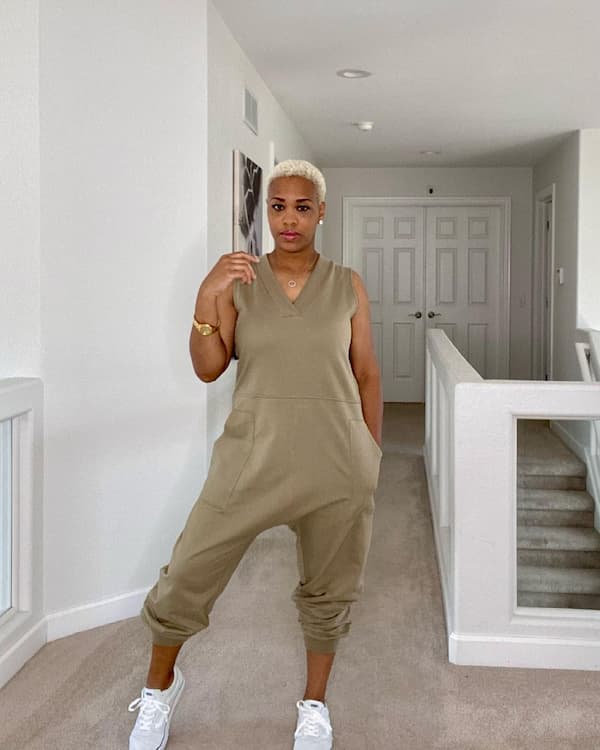 Khaki Sleeveless Jumpsuit with Sneakers