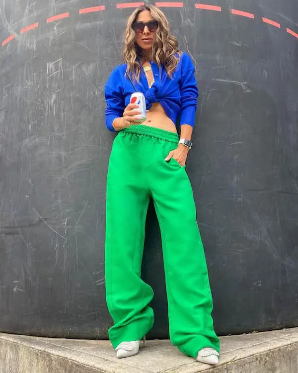 Knit Blue Top + Green Baggy Pants + Heels + Sunglasses