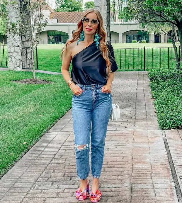 One Shoulder Black Top + Ripped Jeans + Heels + Sunglasses + Purse