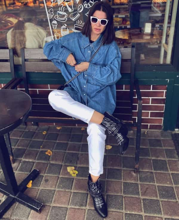 Oversize Denim Jacket with White Pants + Black Shoes and Sunglasses