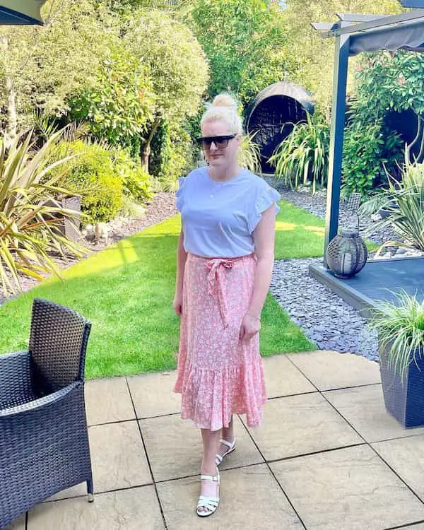 Pink Floral Skirt with Short Sleeve Blouse and Sandals